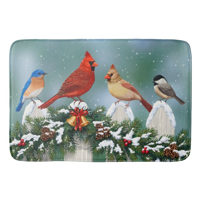 Holiday Birds & Christmas Garland Bathroom Mat (Front)