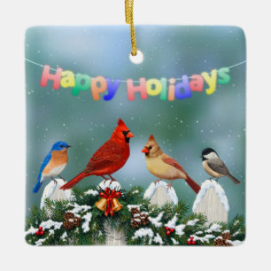 Holiday Birds & Christmas Garland Ceramic Ornament