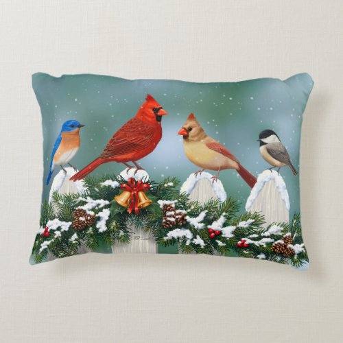 Holiday Birds  Christmas Garland Decorative Pillow