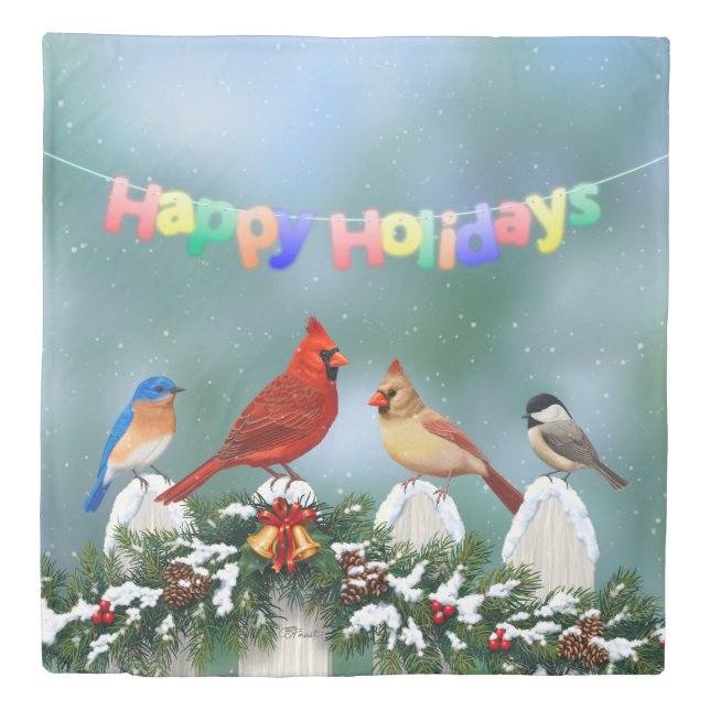Holiday Birds & Christmas Garland Duvet Cover (Front)