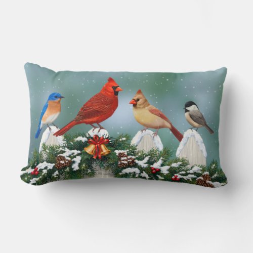 Holiday Birds  Christmas Garland Lumbar Pillow