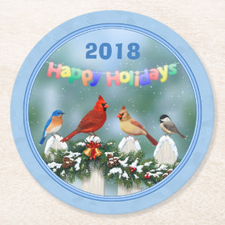 Holiday Birds & Christmas Garland Round Paper Coaster
