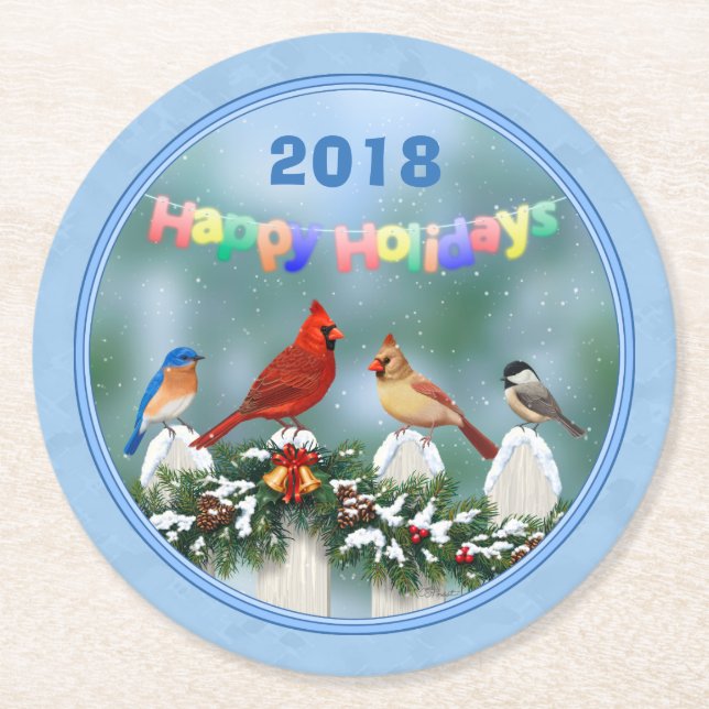 Holiday Birds & Christmas Garland Round Paper Coaster (Front)
