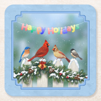 Holiday Birds & Christmas Garland Square Paper Coaster
