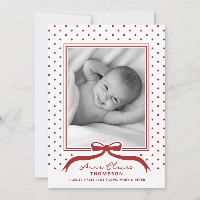 Holiday Birth Announcement Bow Polka Dot (Front)