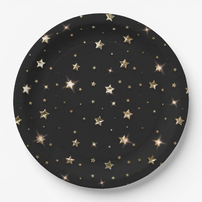 Holiday Black and Gold Faux Metal Christmas Stars Paper Plates (Front)