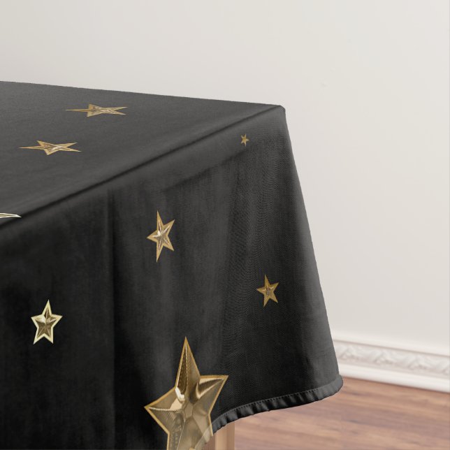 Holiday Black and Gold Faux Metal Christmas Stars Tablecloth (In Situ)