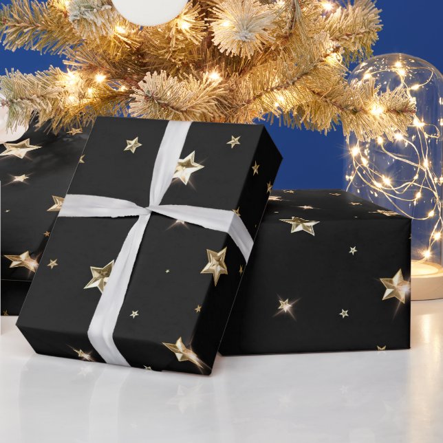 Holiday Black and Gold Faux Metal Christmas Stars Wrapping Paper (Holidays)