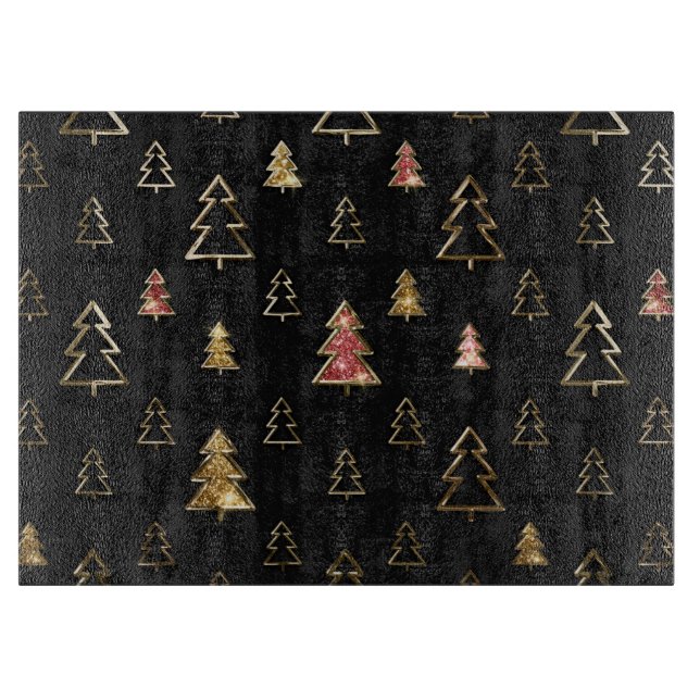 Holiday Black and Gold Faux Metal Christmas Trees Cutting Board (Front)