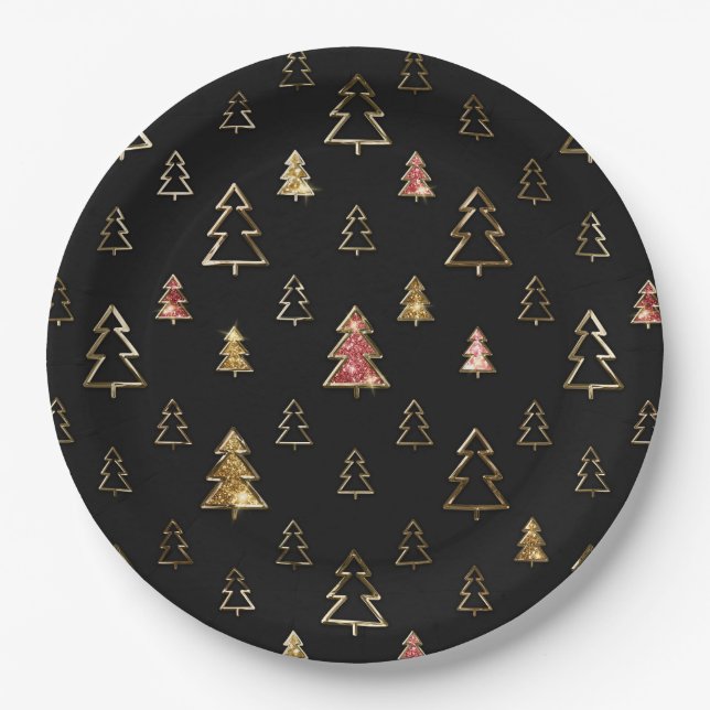 Holiday Black and Gold Faux Metal Christmas Trees Paper Plates (Front)