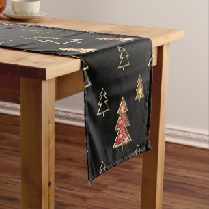 Holiday Black and Gold Faux Metal Christmas Trees Short Table Runner