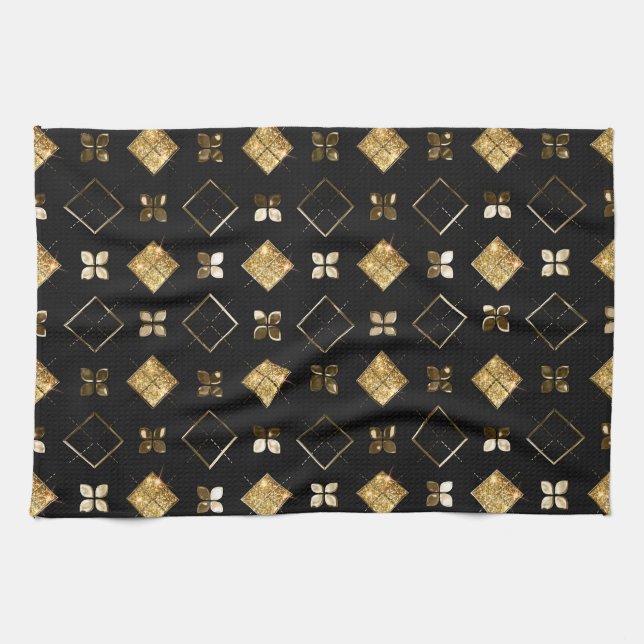 Holiday Black and Gold Metal Christmas Geometric Kitchen Towel (Horizontal)