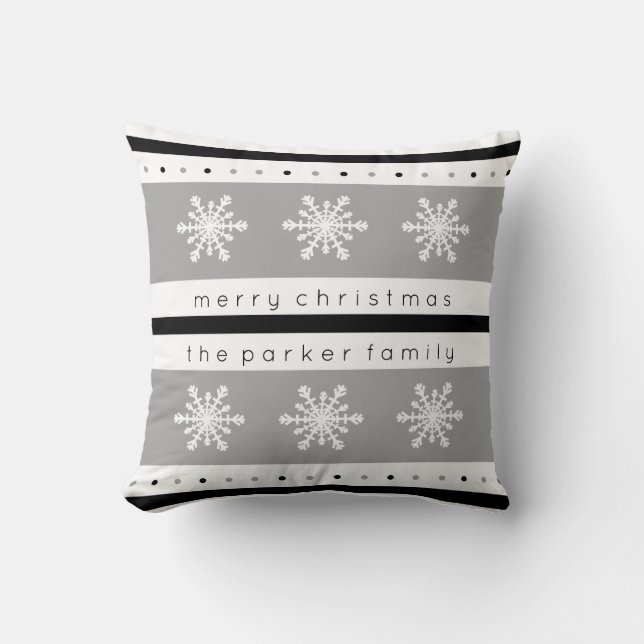 Holiday Black and Gray with White Snowflakes Throw Pillow (Front)