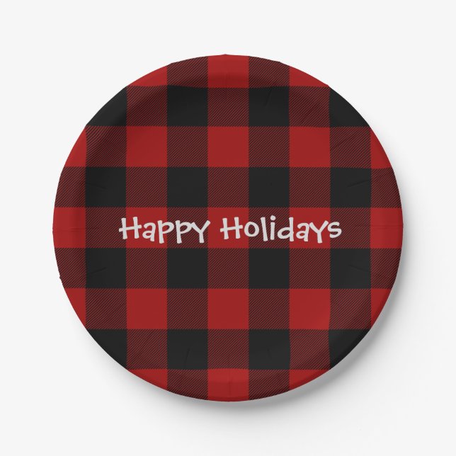 Holiday black and red buffalo plaid paper plates (Front)