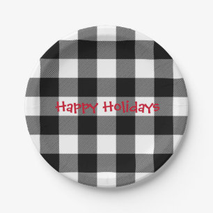 Holiday black and white buffalo plaid paper plates