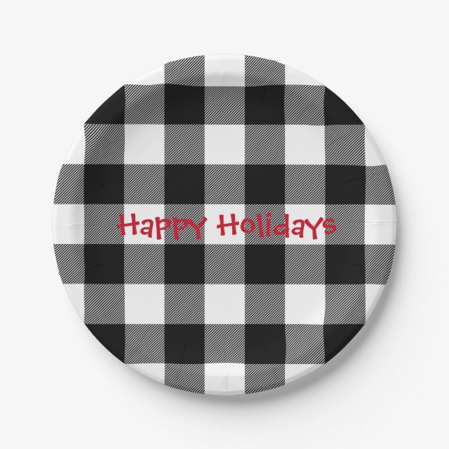 Holiday black and white buffalo plaid paper plates (Front)