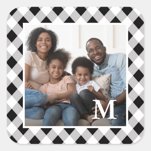 Holiday Black and White Plaid Monogram Photo Square Sticker