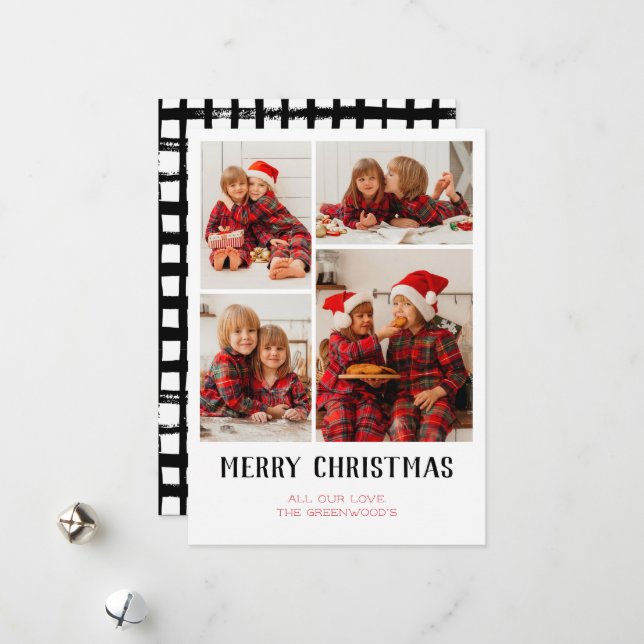 Holiday Black Brushstroke Plaid 4 Photo Card (Front/Back In Situ)