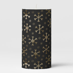 Holiday Black & Gold Metal Christmas Snowflakes Pillar Candle
