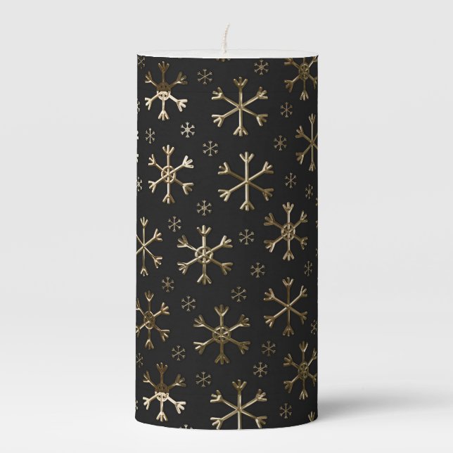 Holiday Black & Gold Metal Christmas Snowflakes Pillar Candle (Front)