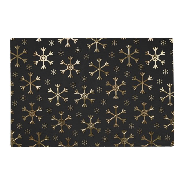 Holiday Black & Gold Metal Christmas Snowflakes Placemat (Front)