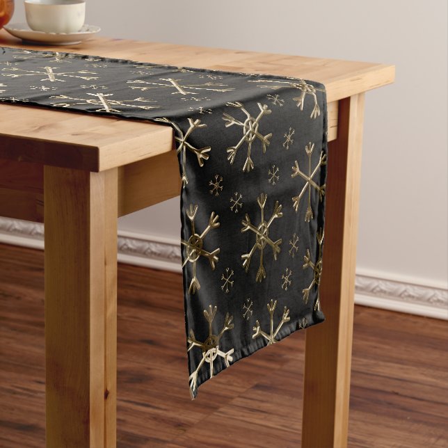 Holiday Black & Gold Metal Christmas Snowflakes Short Table Runner (In Situ)