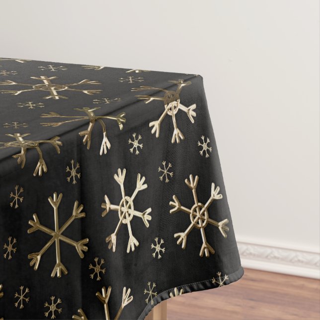 Holiday Black & Gold Metal Christmas Snowflakes Tablecloth (In Situ)