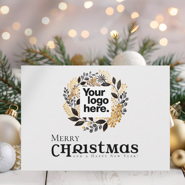 Holiday Black Gold Wreath Business Christmas Card (Business or Corporate Holiday Christmas Card with trendy Black and Gold Wreath and QR Code)