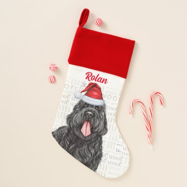 Holiday Black Russian Terrier Dog with Name Christmas Stocking (Front)