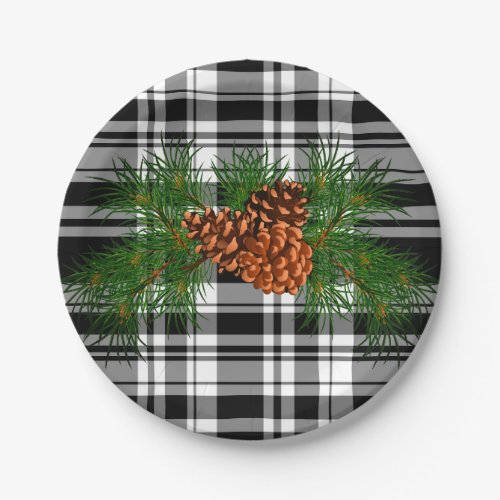 Holiday Black White Plaid with Pine cone detail Paper Plates