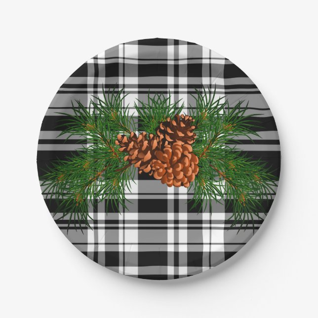 Holiday Black White Plaid with Pine cone detail Paper Plates (Front)