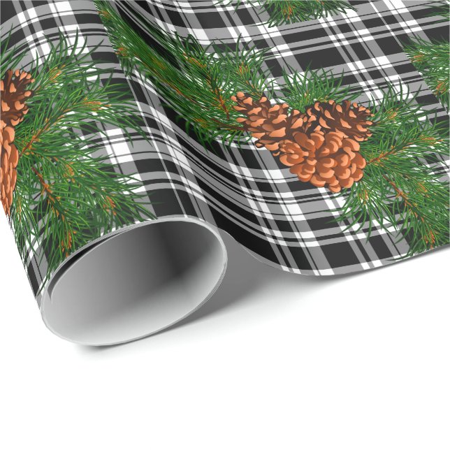 Holiday Black White Plaid with Pine cone detail Wrapping Paper (Roll Corner)