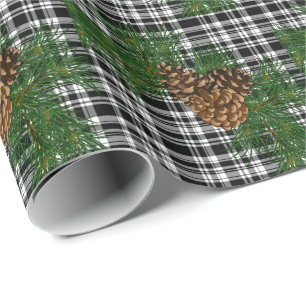 Holiday Black White Plaid with Pine cone detail Wrapping Paper