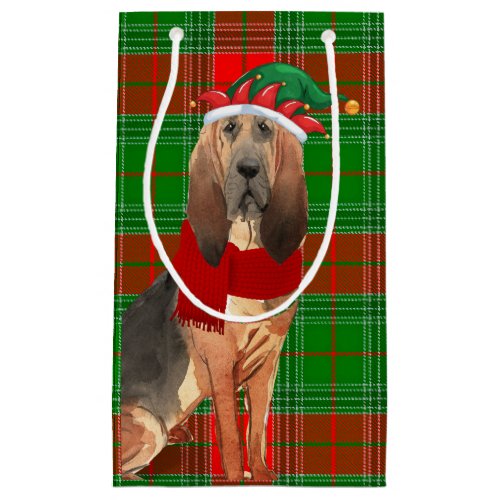 Holiday Bloodhound and Festive Plaid Christmas Small Gift Bag