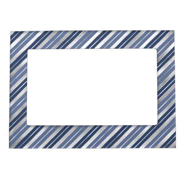 Holiday Blue and Silver Foil Christmas Stripes Magnetic Frame (Front)