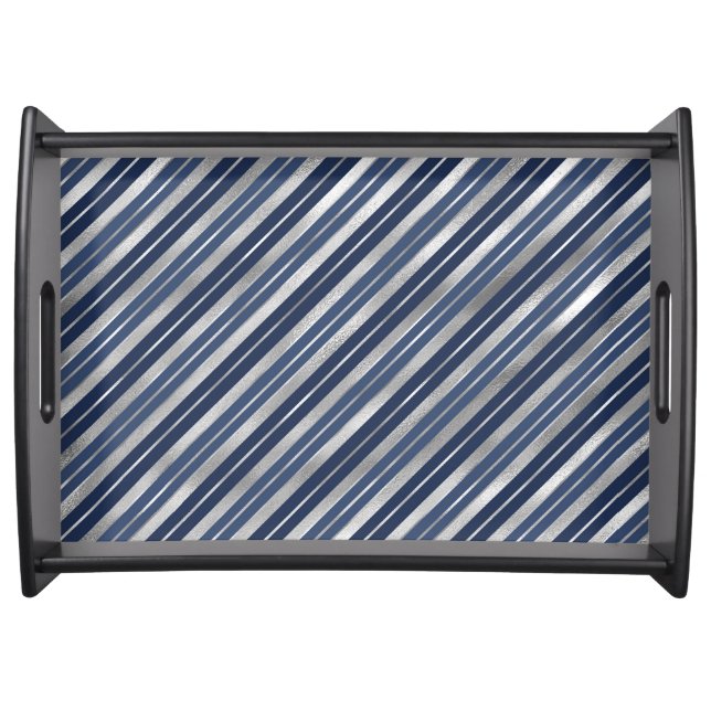 Holiday Blue and Silver Foil Christmas Stripes Serving Tray (Front)