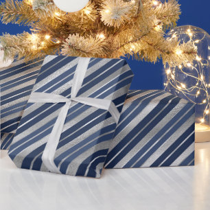 Holiday Blue and Silver Foil Christmas Stripes Wrapping Paper