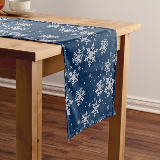Holiday Blue and Silver Snowflakes Table Runner (In Situ)