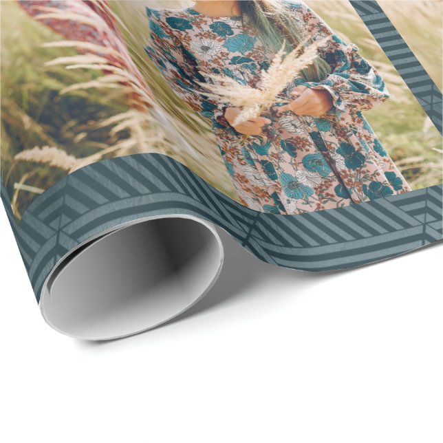 Holiday Blue Geometric Print Photo Christmas Wrapping Paper (Roll Corner)