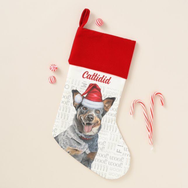 Holiday Blue Heeler Cattle Dog with Name Christmas Stocking (Front)