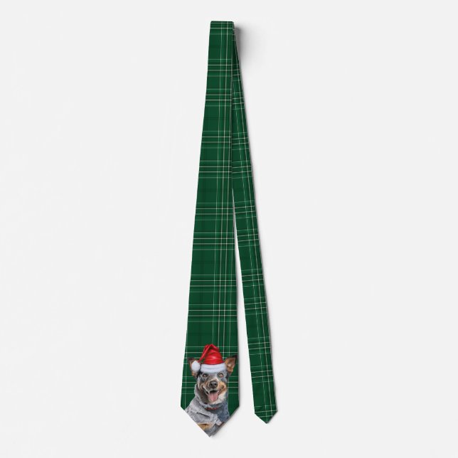Holiday Blue Heeler Dog Green Plaid Christmas Neck Tie (Front)