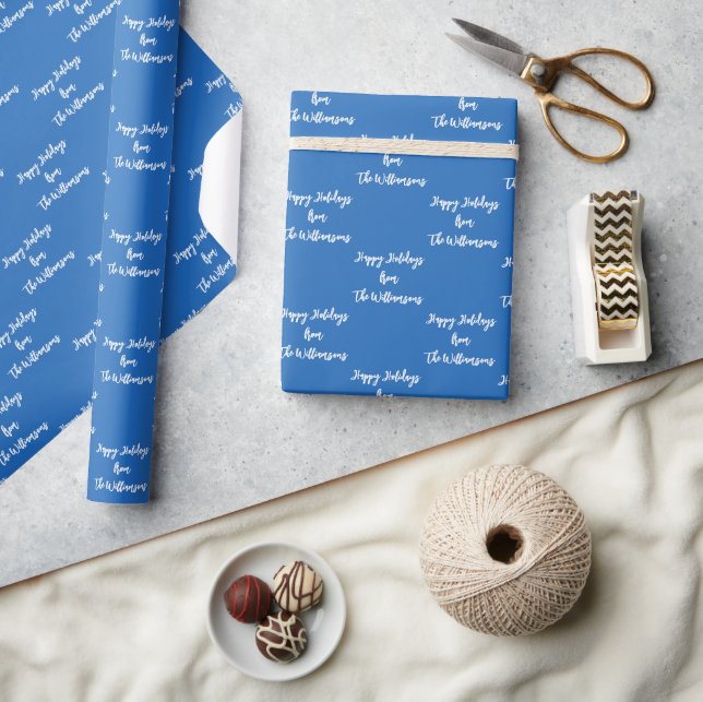 Holiday Blue Personalized Name Script Calligraphy Wrapping Paper (Crafts)
