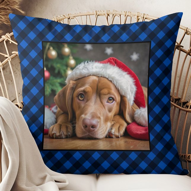 Holiday Blue Plaid Pet Dog Personalized Photo Throw Pillow (Creator Uploaded)