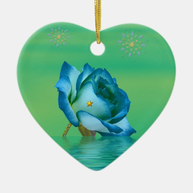 Holiday Blue Rose Ceramic Ornament (Front)