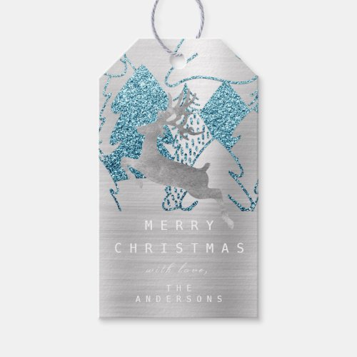 Holiday Blue Silver Christmas Metall Reindeer Tree Gift Tags