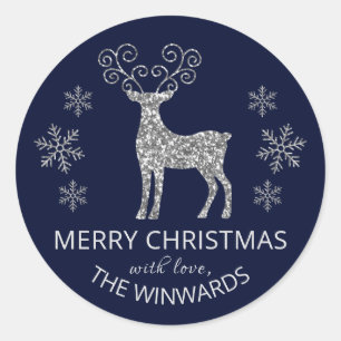 Holiday Blue & Silver Glitter Christmas Snowflake Classic Round Sticker