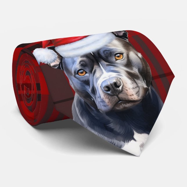Holiday Bluenose Pit Bull Red Gray Plaid Christmas Neck Tie (Rolled)