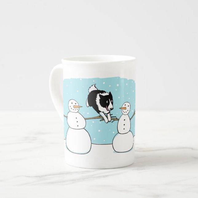 Holiday Border Collie Agility Dog with Snowmen Bone China Mug (Front Left)