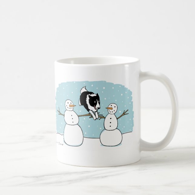 Holiday Border Collie Dog Playing with Snowmen Coffee Mug (Right)