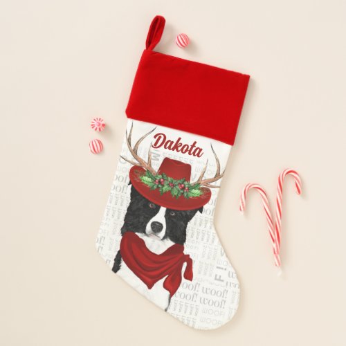 Holiday Border Collie with Dogs Name Christmas Stocking